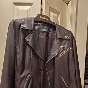 Lauren by Ralph Lauren Black Fringe Moto Leather Jacket.